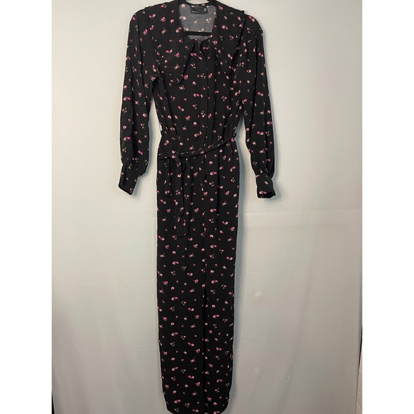 ASOS Design Jumpsuit Black Pink Floral Print Ruffle Collar Long Sleeve US 4 UK 8 - Picture 1 of 12